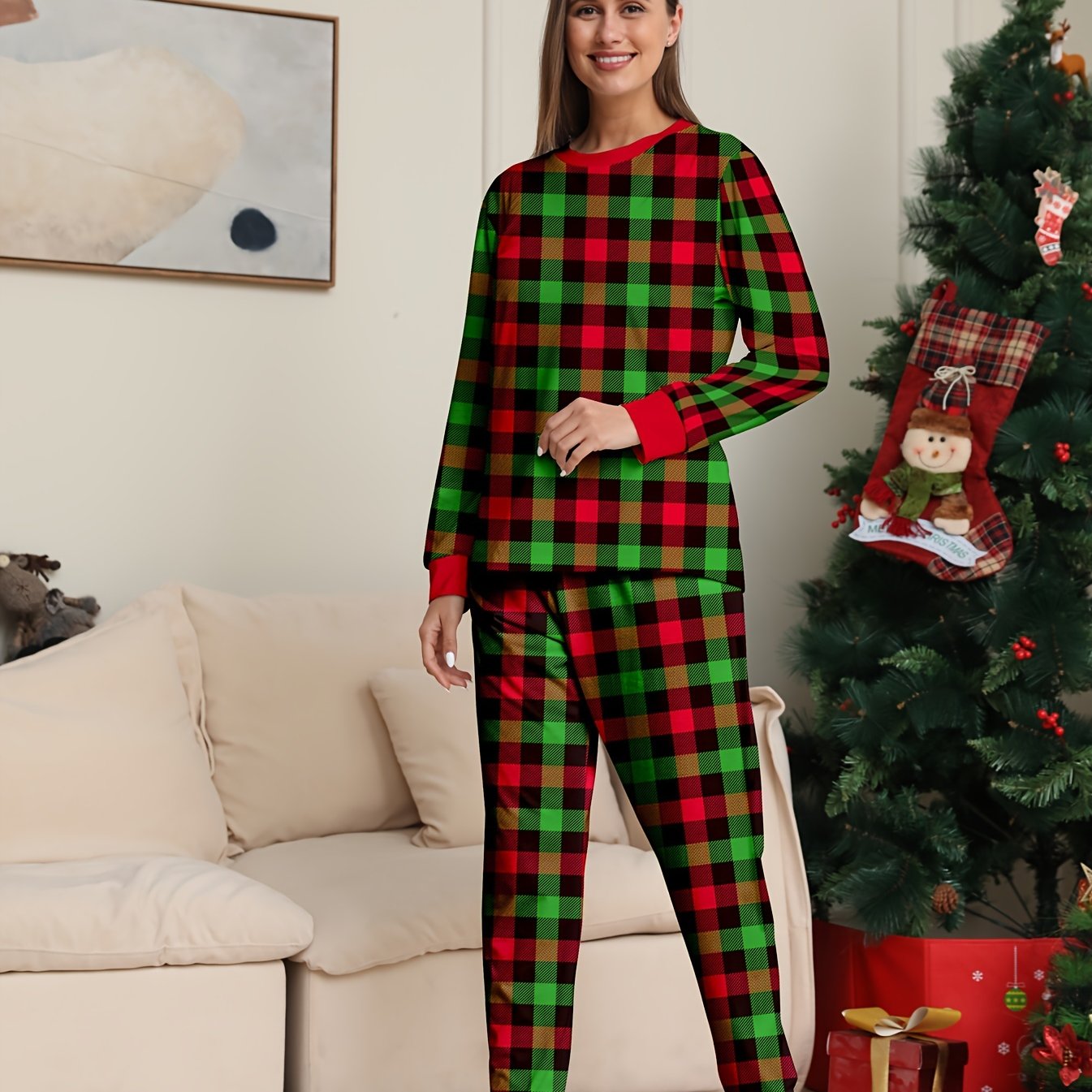 Plaid Print Christmas Pajama Set Long Sleeve Top & Pants Women's Sleepwear