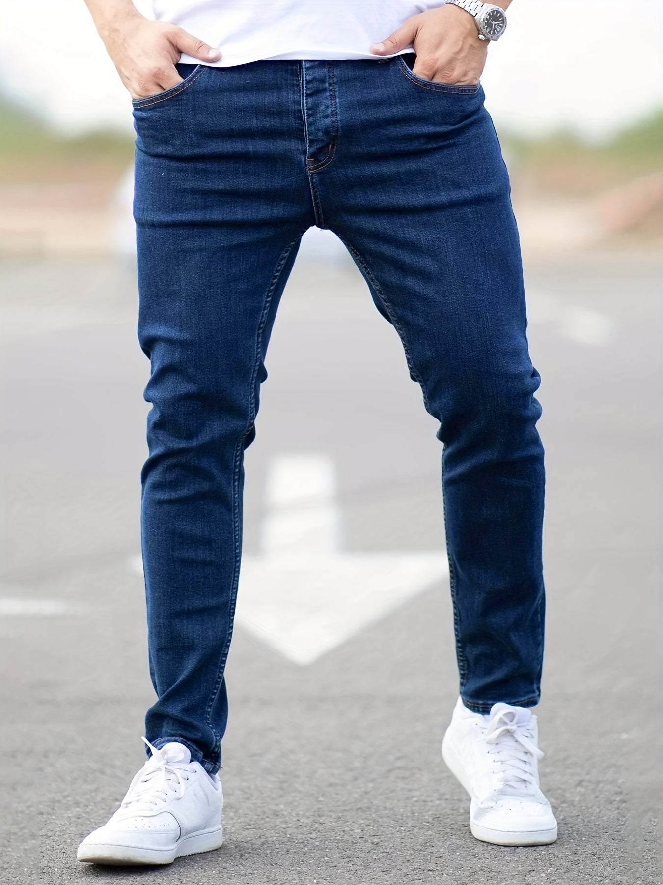 Men's Slim Fit Cotton Jeans, Solid Mid Stretch Denim Pants