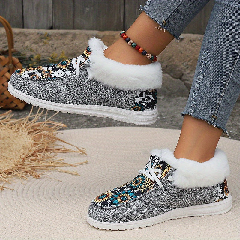 Women's Sunflower Print Snow Boots Warm & Comfy Slip On Flat Shoes
