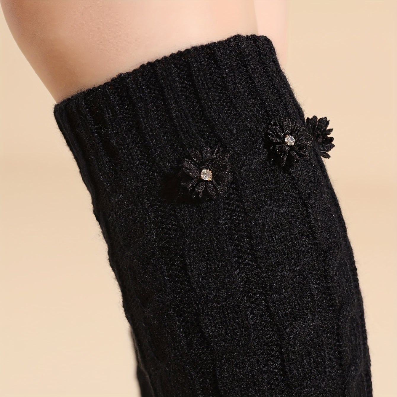 Floral Applique Leg Warmers Knitted Knee High Socks