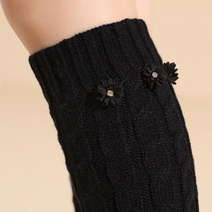 Floral Applique Leg Warmers Knitted Knee High Socks