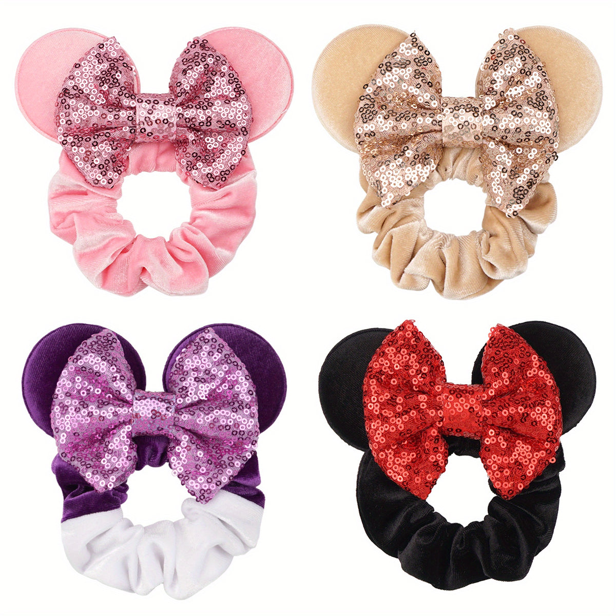 4pcs Mouse Ears Scrunchies Sequin Velvet Hair Tie Colorful Hair Rope