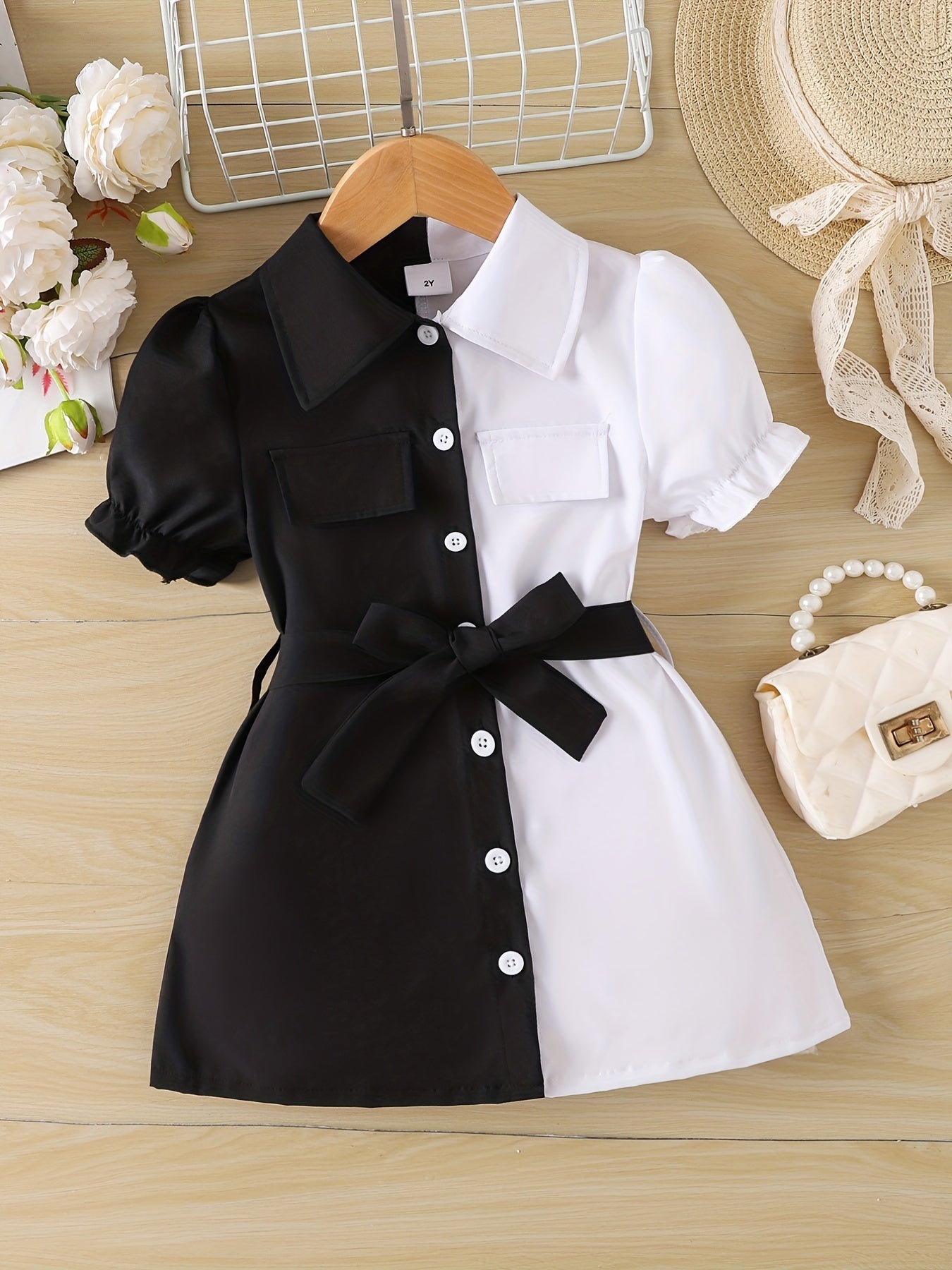 Toddler Girls Puff Sleeve Button Block Casual Shirt Dress