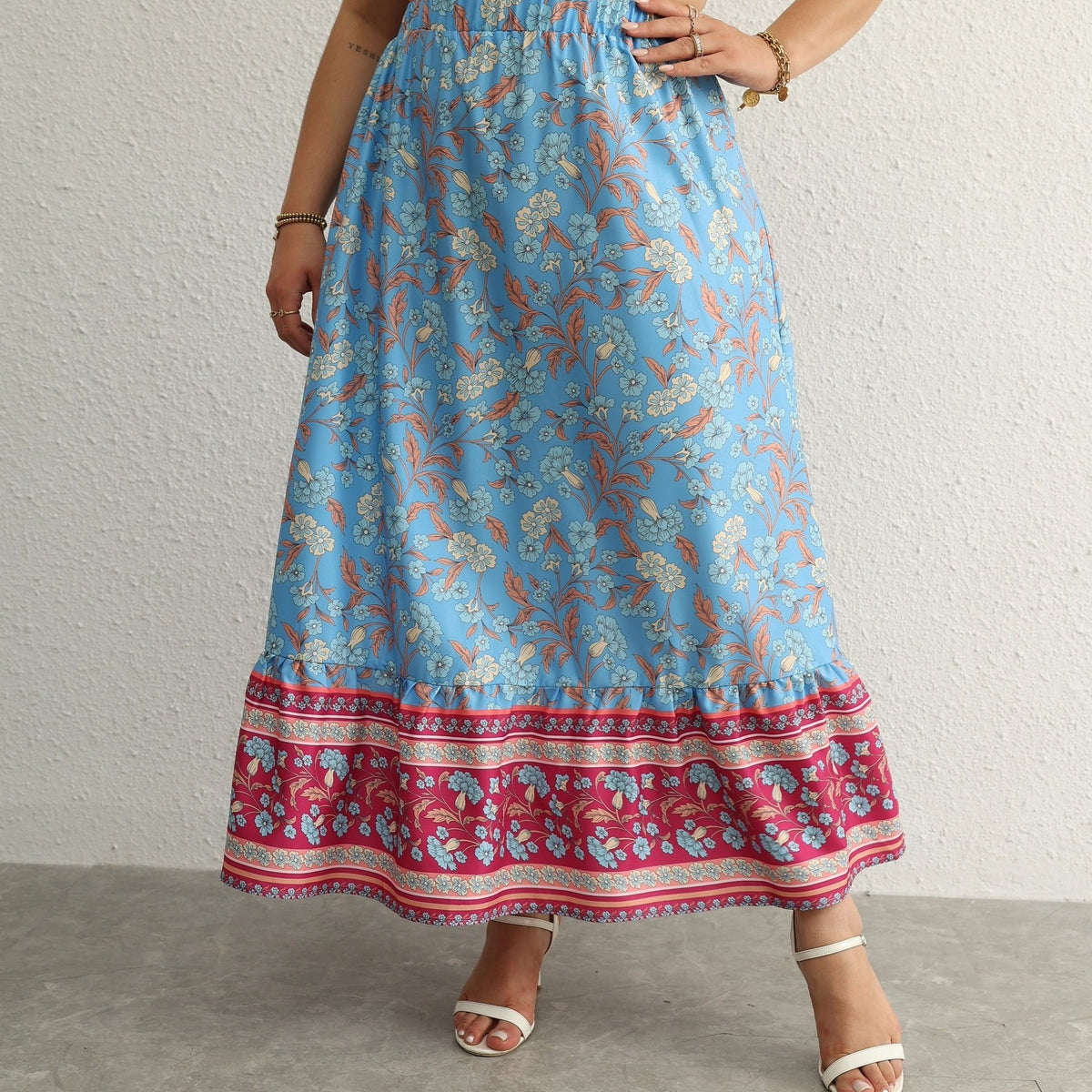 Boho Skirt Floral Print Ruffle Trim Maxi Skirt