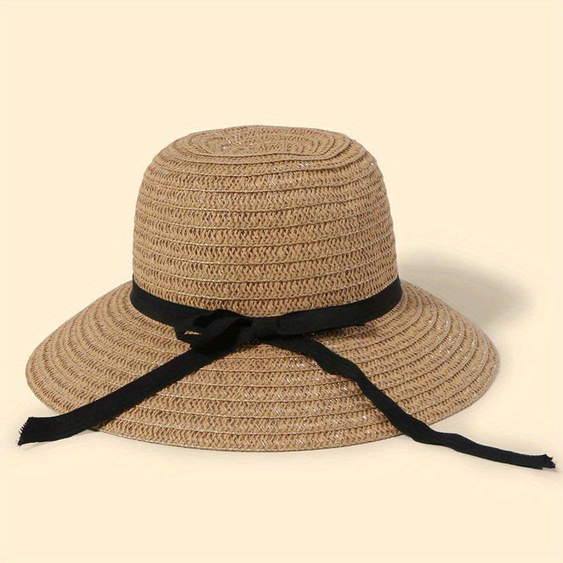 Wide Brim Straw Sun Hat with Ribbon Bowknot Decoration