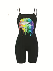 Sleeveless Lip Print Cami Romper Jumpsuit Women's Clothing