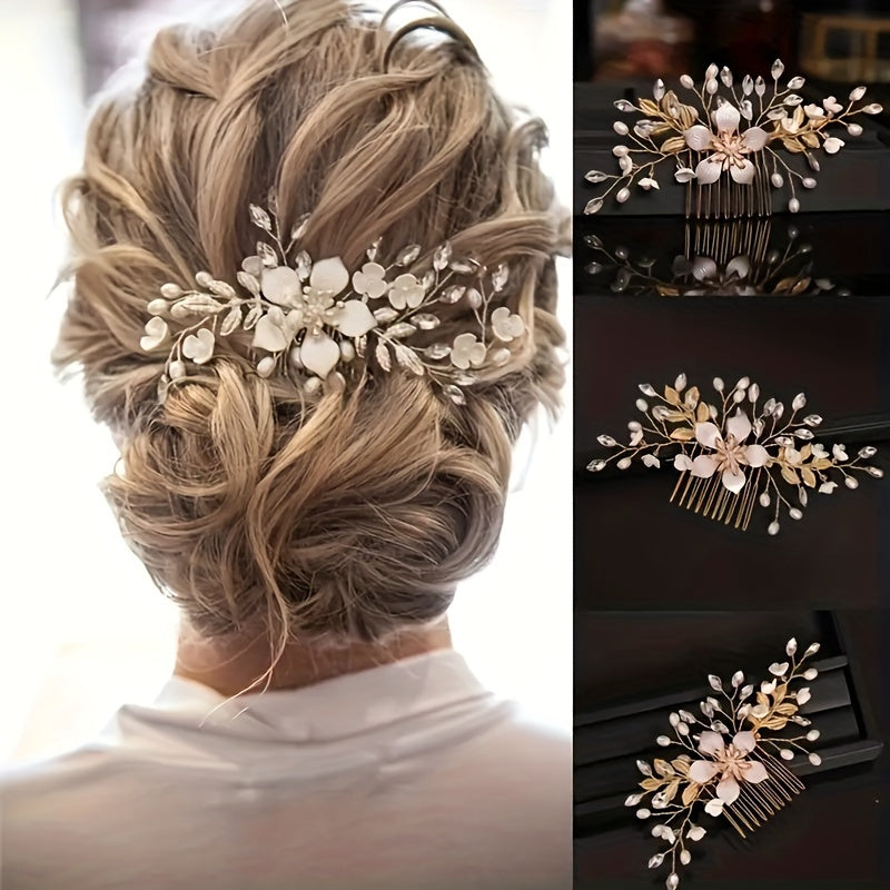 Bride Wedding Hair Comb Faux Pearl Bridal Side Comb Rhinestone Flower