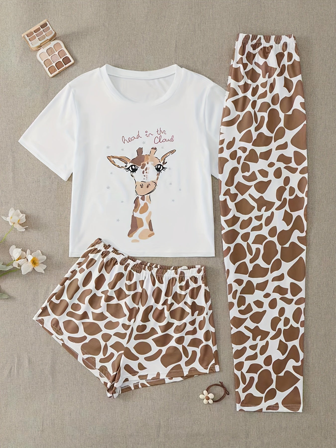 Giraffe Print Pajama Set Short Sleeve Crew Neck Top & Leopard Shorts & Pants