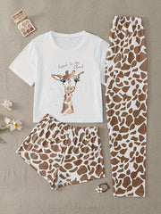 Giraffe Print Pajama Set Short Sleeve Crew Neck Top & Leopard Shorts & Pants