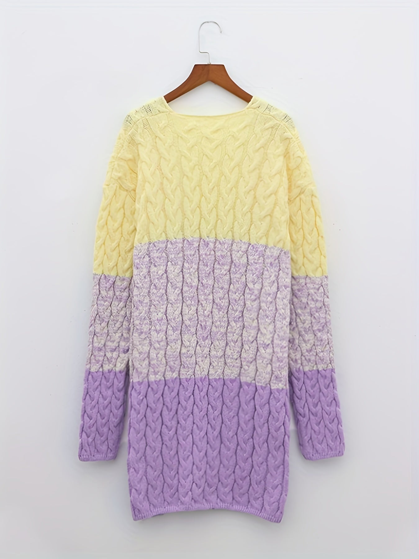  Colorblock Cable Knit Cardigan Open Front Long Sleeve