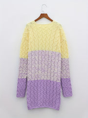  Colorblock Cable Knit Cardigan Open Front Long Sleeve