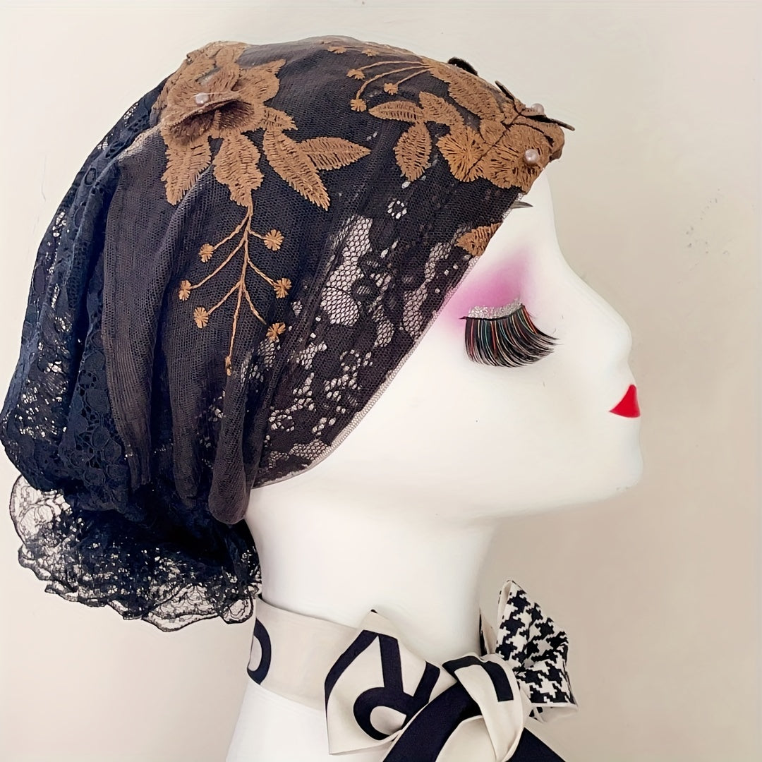 Lace Flower Embroidery Turban Cap Mesh Breathable Ruffle Head Wrap Elastic Hijab