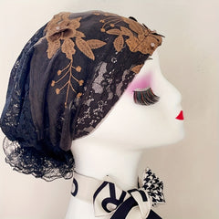 Lace Flower Embroidery Turban Cap Mesh Breathable Ruffle Head Wrap Elastic Hijab