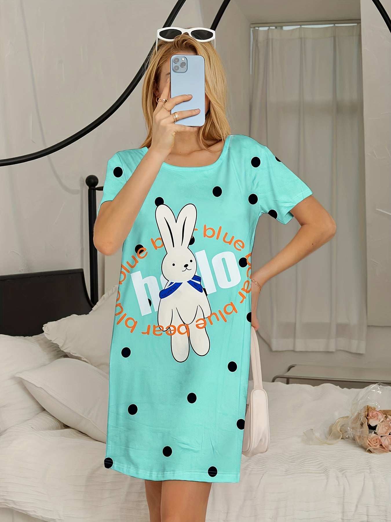 Bunny Print Lounge Dress - Women's Comfy Short Sleeve Home Dress