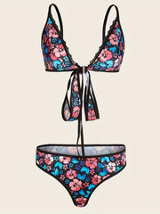 Floral Print Criss Cross Tie Back Bra & Brief 2pcs Set