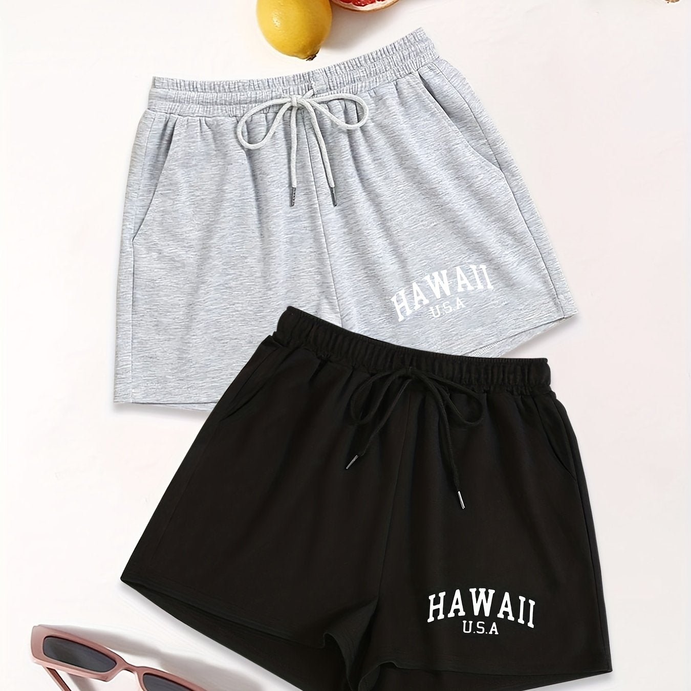 HAWAII Print Dual Pockets Drawstring Shorts For Women