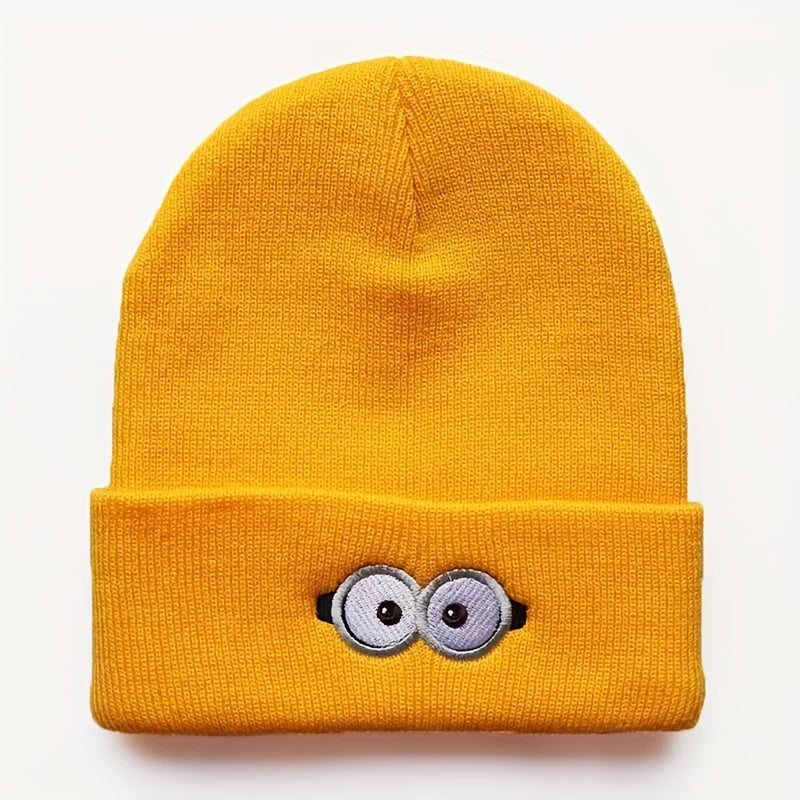 Anime Eyes Glasses Embroidery Wool Beanie Hat, Windproof Knit Cap