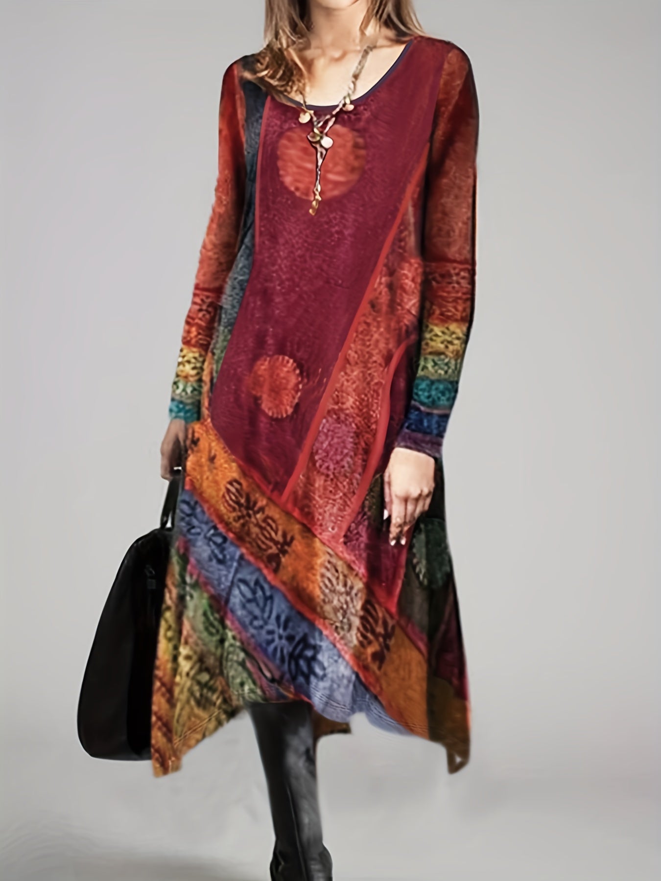  Boho Dress Women's Plus Colorblock Long Sleeve Dress