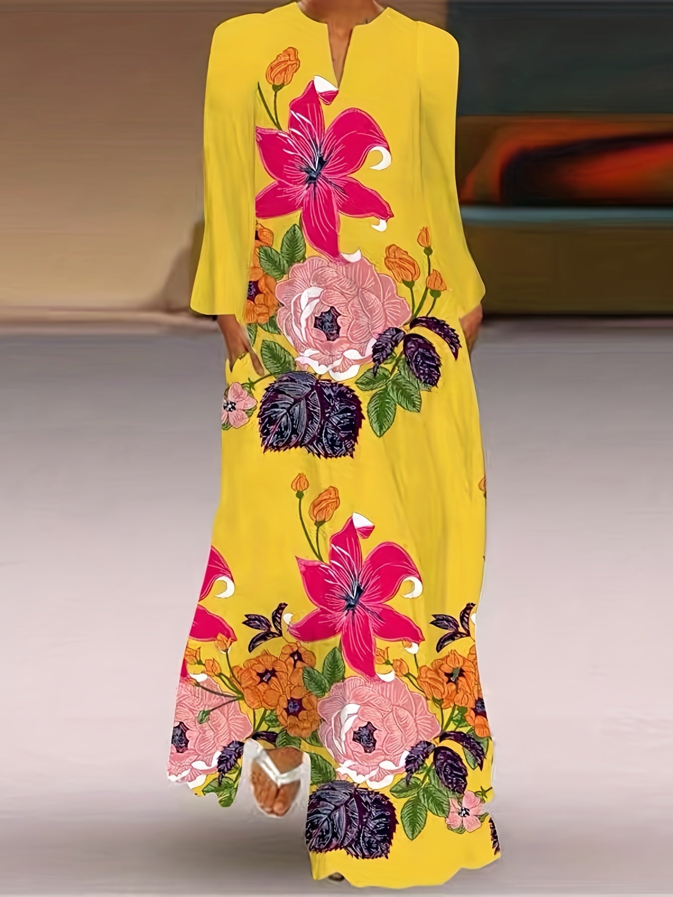  Moon & Feather Print Maxi Dress with Pockets