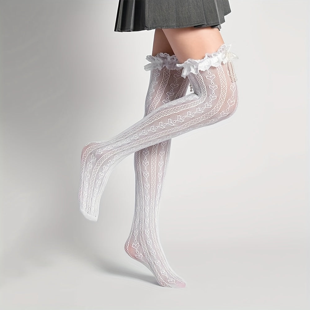 Heart Pattern Thigh High Socks Lace Trim Over The Knee Socks