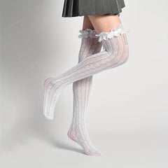 Heart Pattern Thigh High Socks Lace Trim Over The Knee Socks