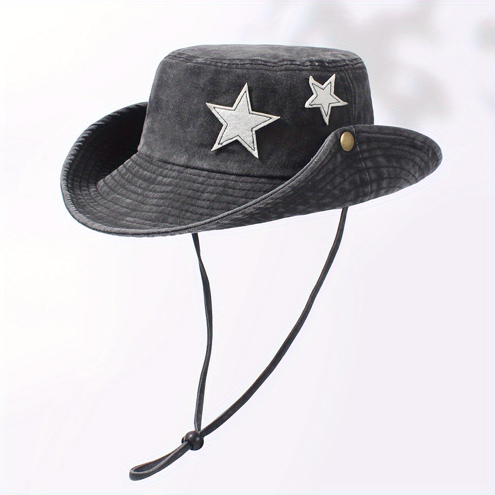 Star Patch Western Bucket Hat Distressed Cowboy Hat Outdoor Fishing Hiking Booni