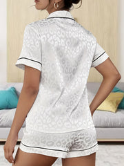Leopard Print Pajama Set Short Sleeve Top & Shorts Women's Sleepwear