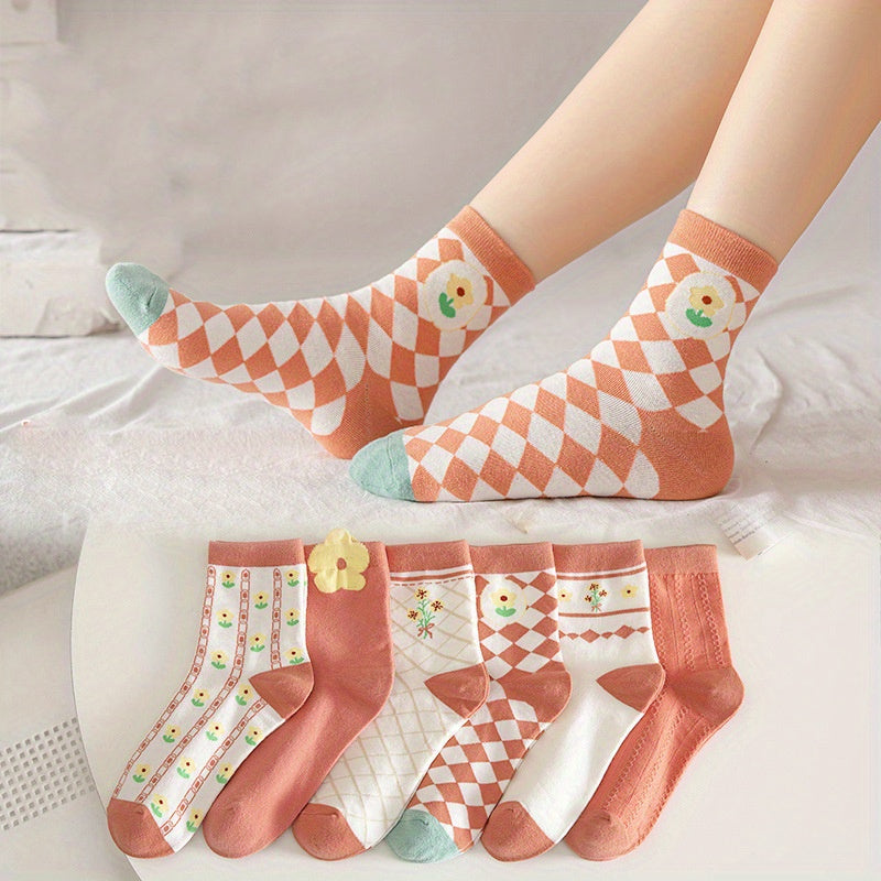 6 Pairs Floral Print Socks Women's Mid Tube Stockings
