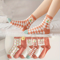 6 Pairs Floral Print Socks Women's Mid Tube Stockings