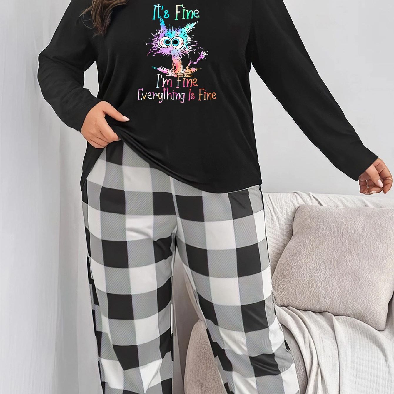  Cat Print Pajama Set Long Sleeve Top & Pants
