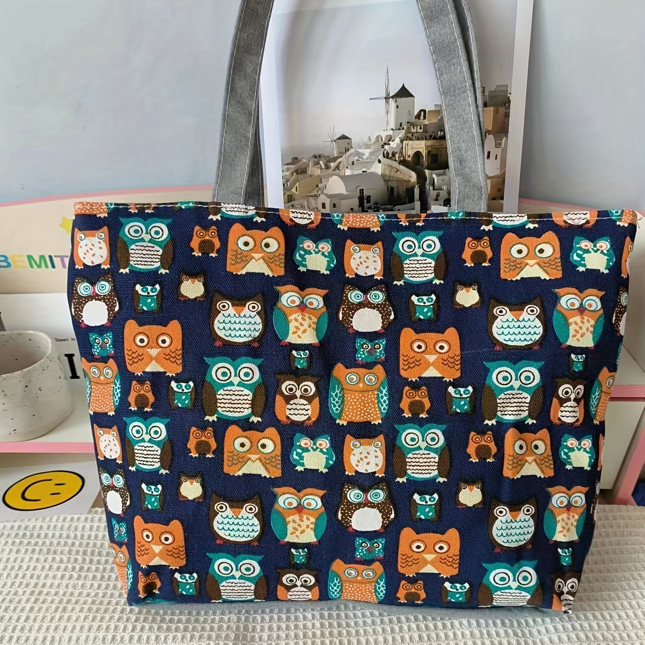 Canvas Vintage Geometric Pattern Tote Bag Large Capacity Shoulder Bag