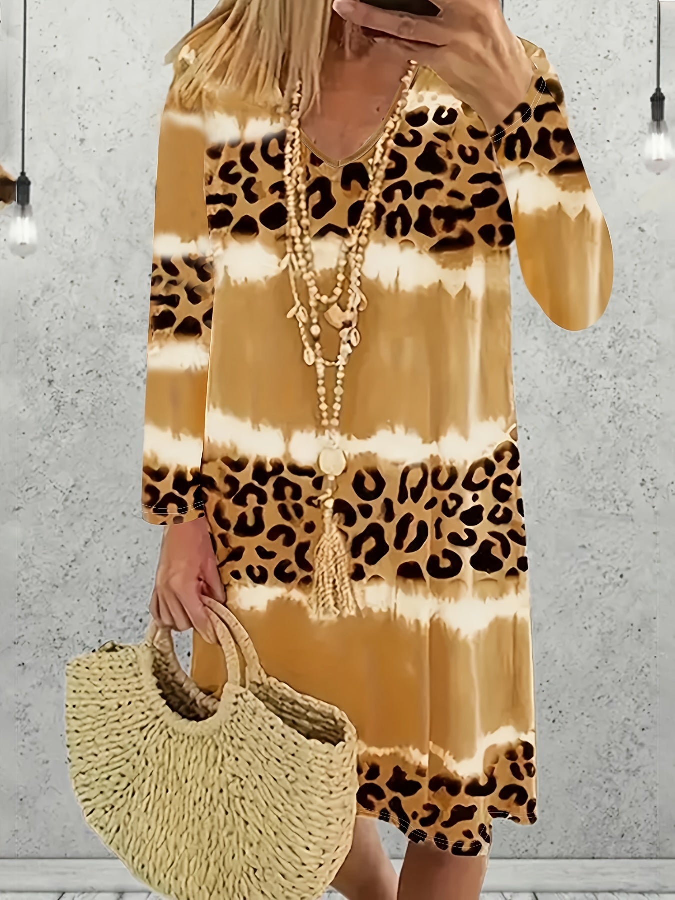  Colorblock Leopard Print V Neck Dress