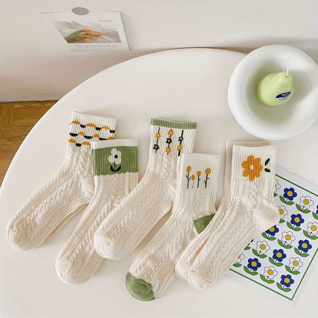 5 Pairs Floral Pattern Mid Tube Socks Soft & Comfy Stockings