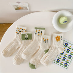 5 Pairs Floral Pattern Mid Tube Socks Soft & Comfy Stockings