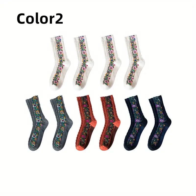 Floral Print Socks Retro Court Style Mid Tube Women's Stockings