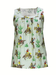 Western Tank Top Women's Cowboy Print Pleated Tank