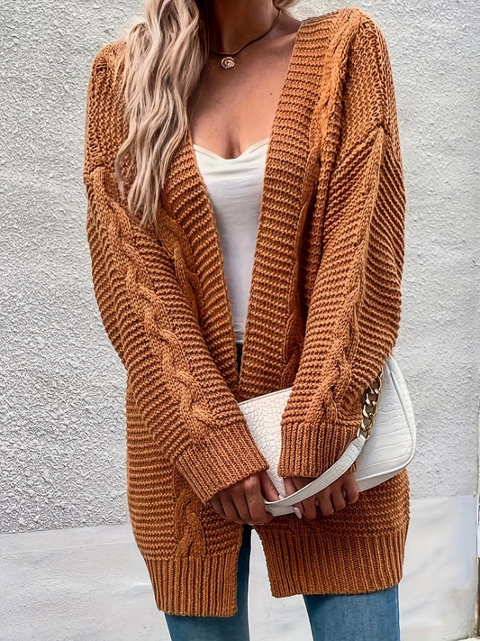 Solid Cable Long Sleeve Open Front Cardigan