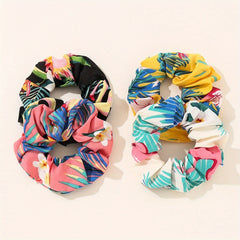 4pcs Boho Print Leaf Flower Hair Scrunchies Soft Fabric for Women Girls