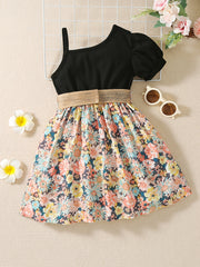 Girls Short Bubble Sleeve Floral Dress Kids Summer Clothes