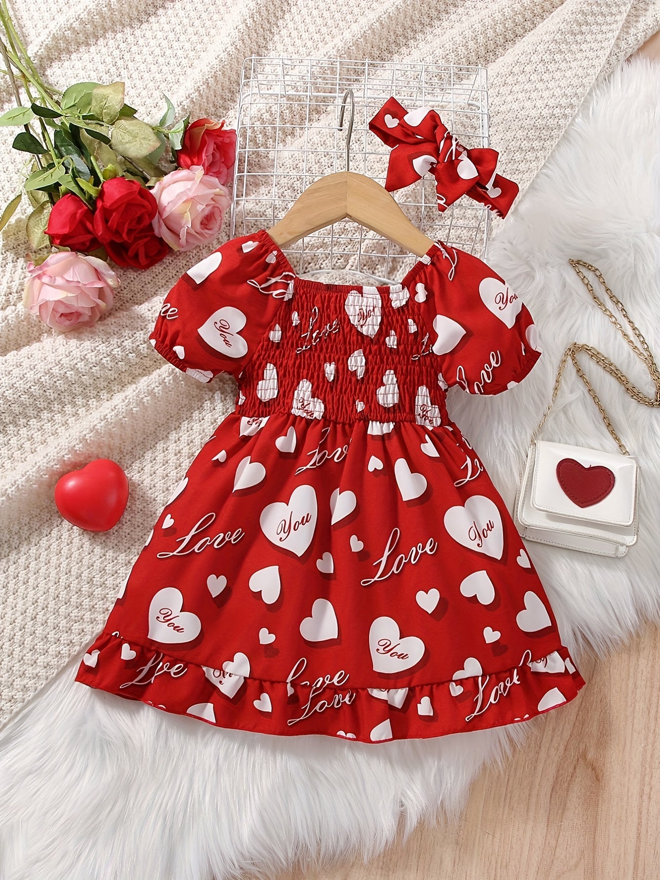 Girls Heart Print Puffy Sleeve Princess Dress