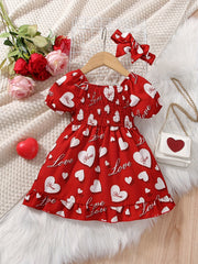 Girls Heart Print Puffy Sleeve Princess Dress