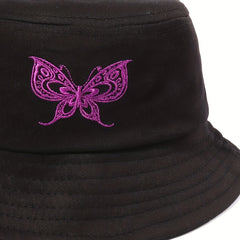 Purple Butterfly Embroidered Bucket Hat for Women
