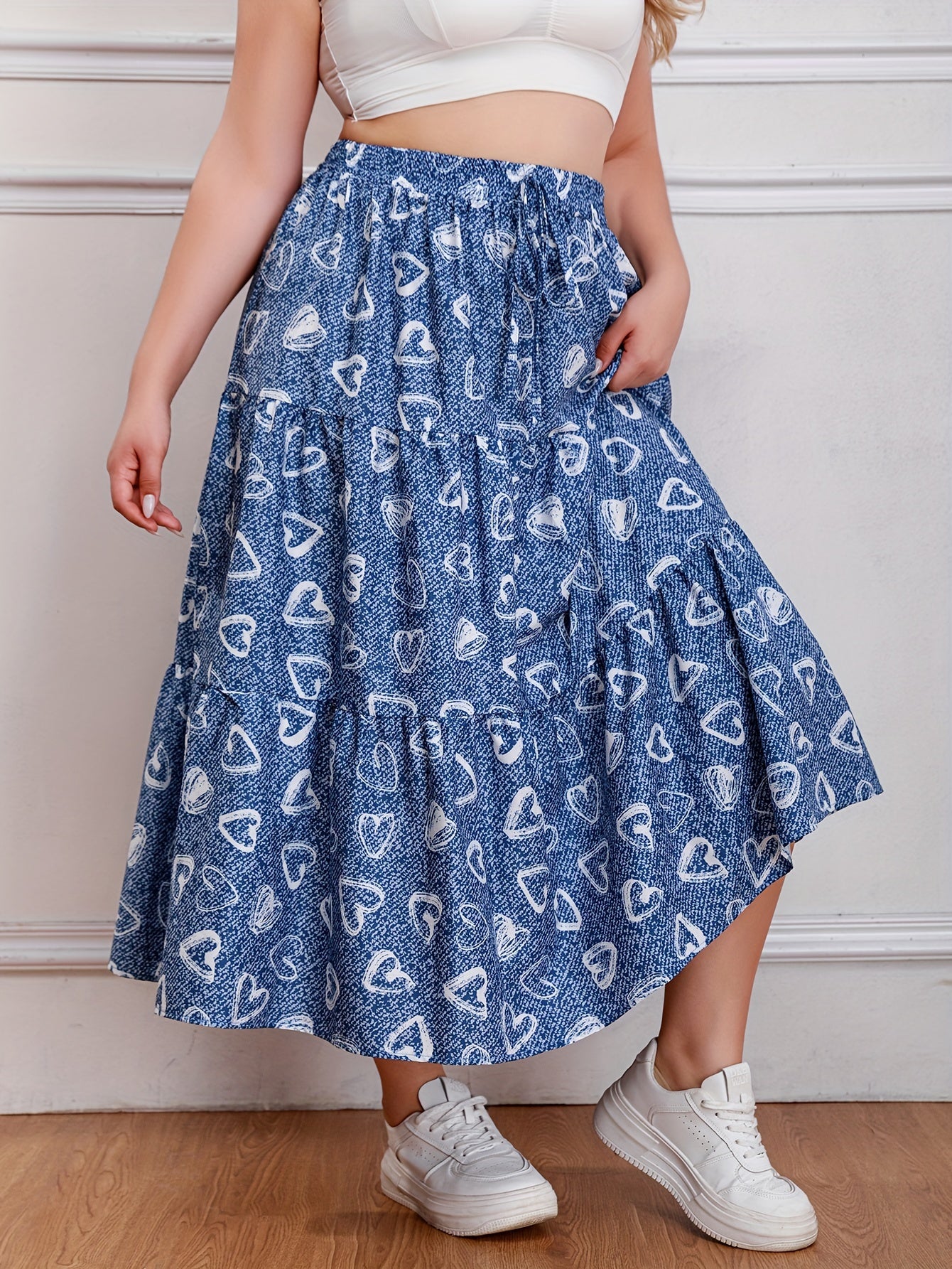  Heart & Denim Print Drawstring Maxi Skirt