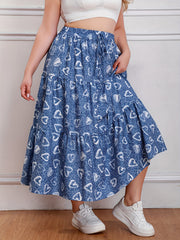  Heart & Denim Print Drawstring Maxi Skirt