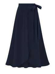  Solid Side Knot Layered Maxi Skirt with Slight Stretch