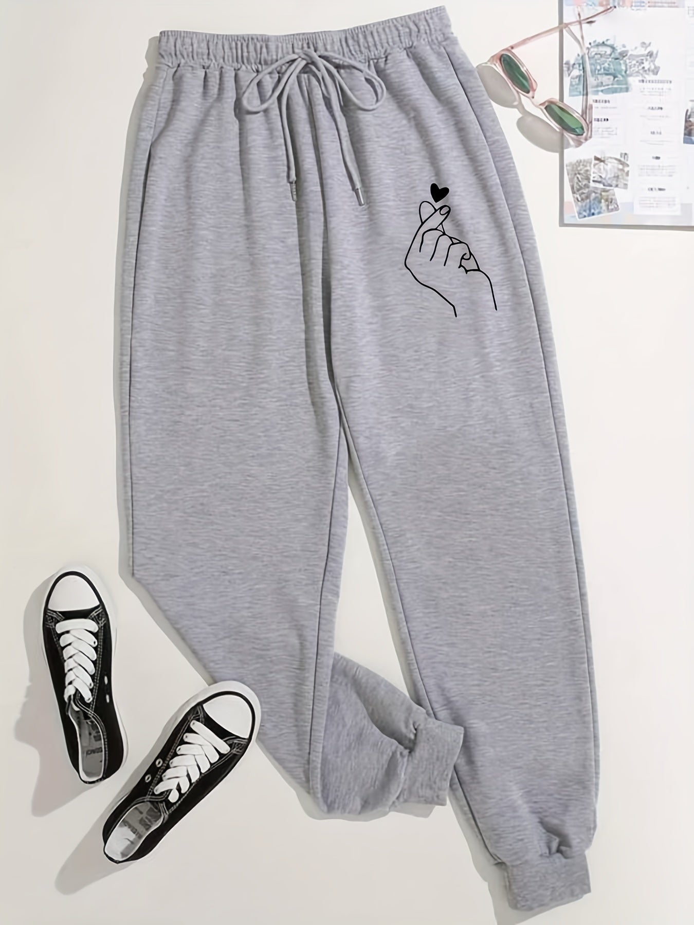 Heart Print Pants Casual Drawstring Elastic Waist Jogger Pants