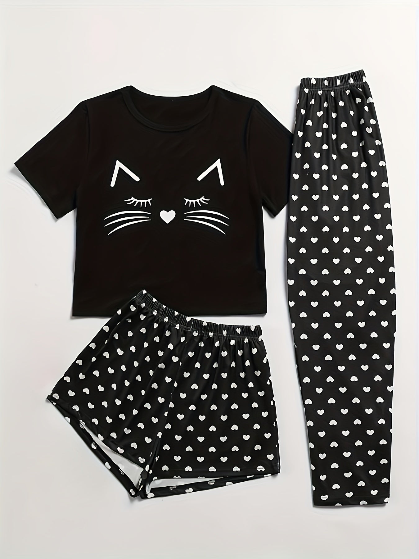 Heart Print Pajama Set Crew Neck Top & Shorts & Pants Women's Sleepwear