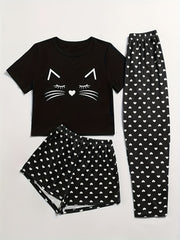 Heart Print Pajama Set Crew Neck Top & Shorts & Pants Women's Sleepwear