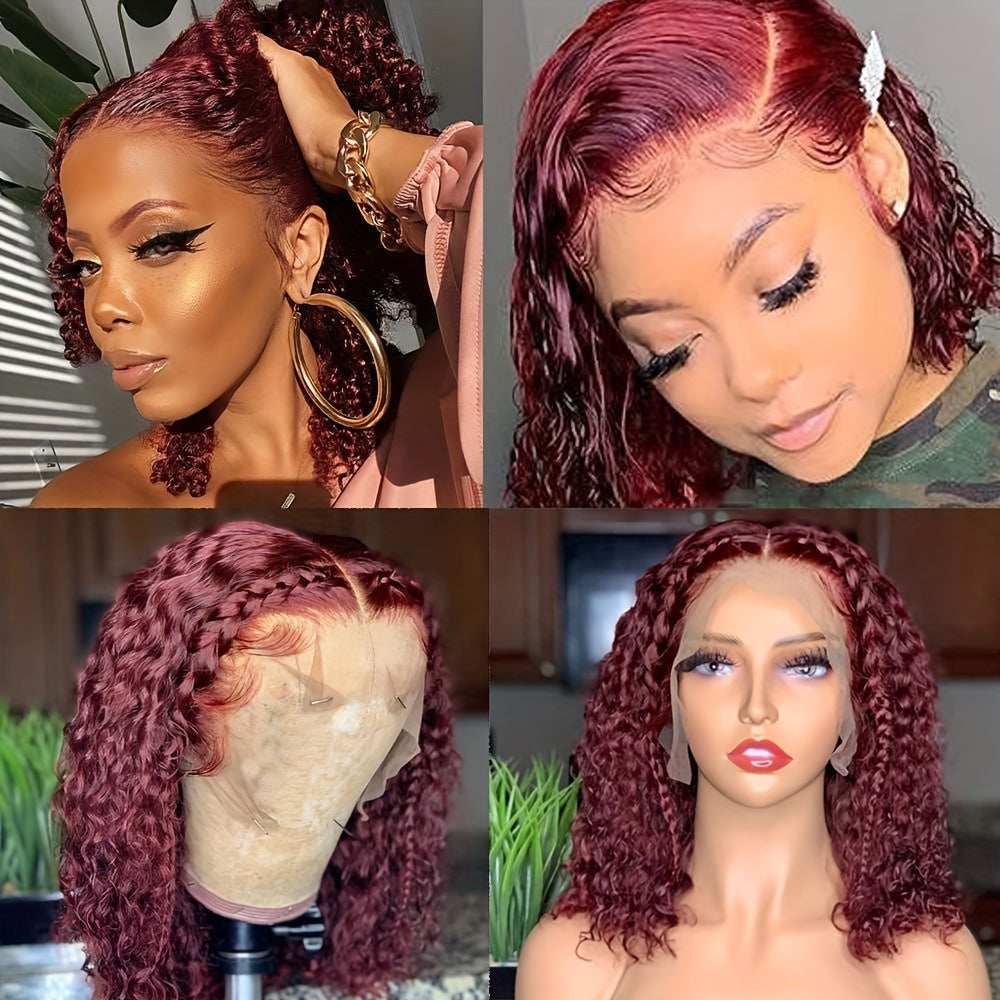 Burgundy Lace Front Human Hair Bob Wig 13x4 Short Curly