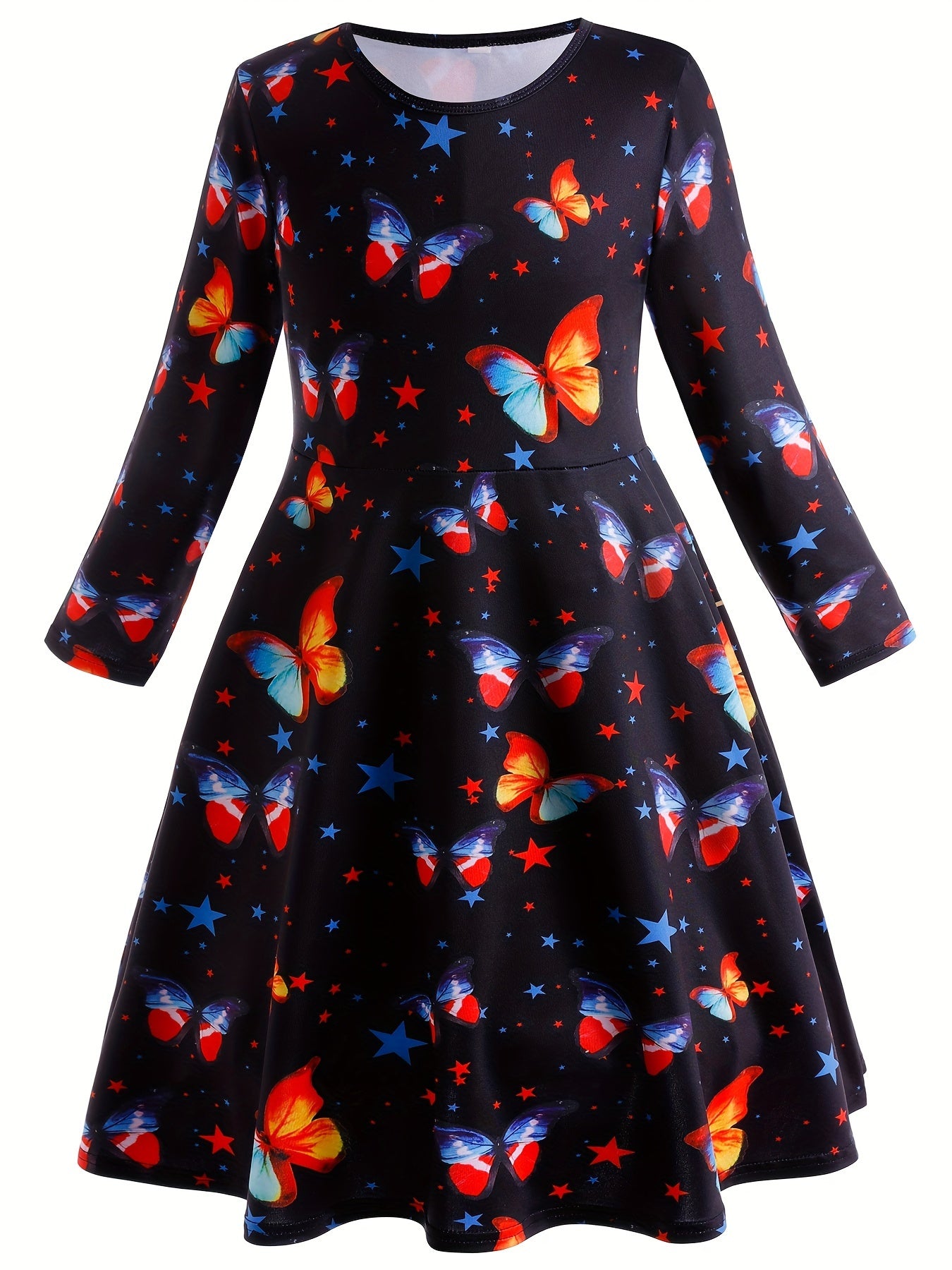 Butterfly Graphic Crew Neck Long Sleeve Dress Girls